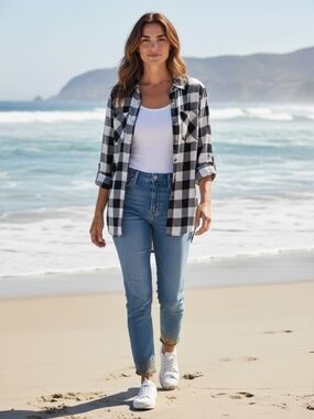 Westbound - Black & White Checkered Asymmetrical Tunic, Pockets, Side Slits,...
